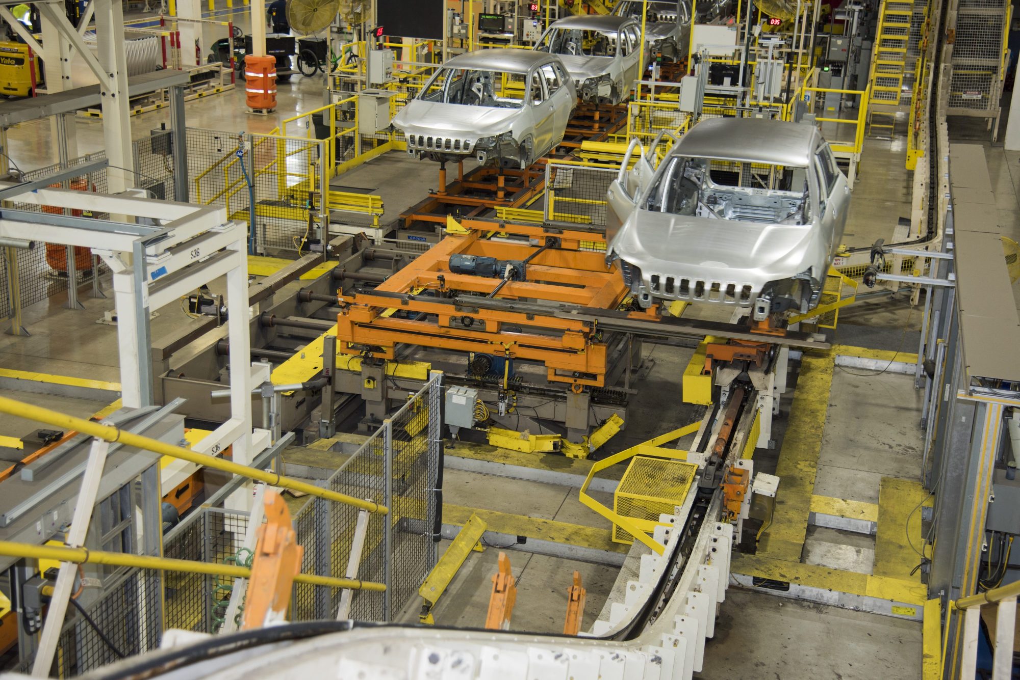 Car shells on manufacturing line